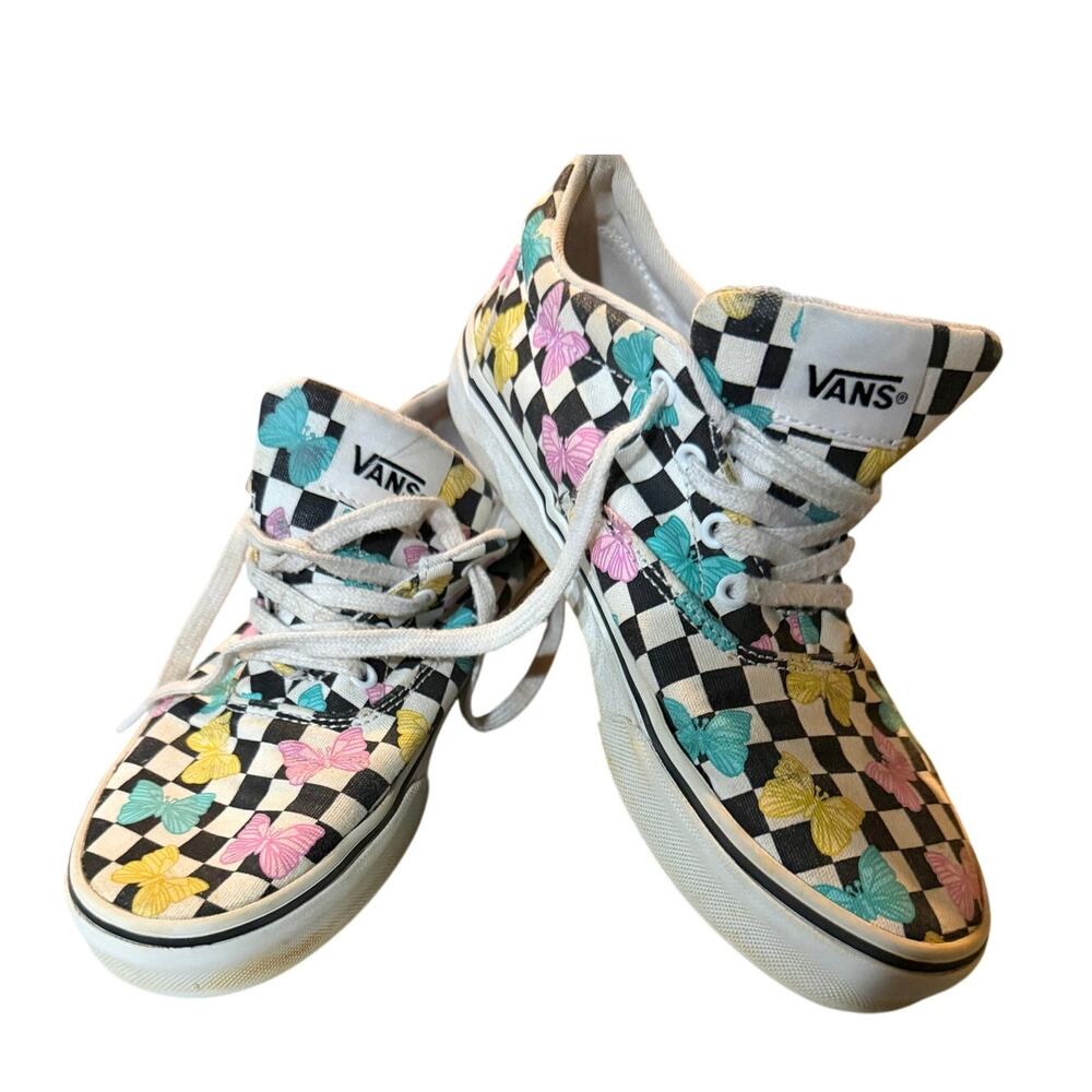 Vans Doheny Shoes Size 4 Black White Checkerboard Butterflies Skate Youth